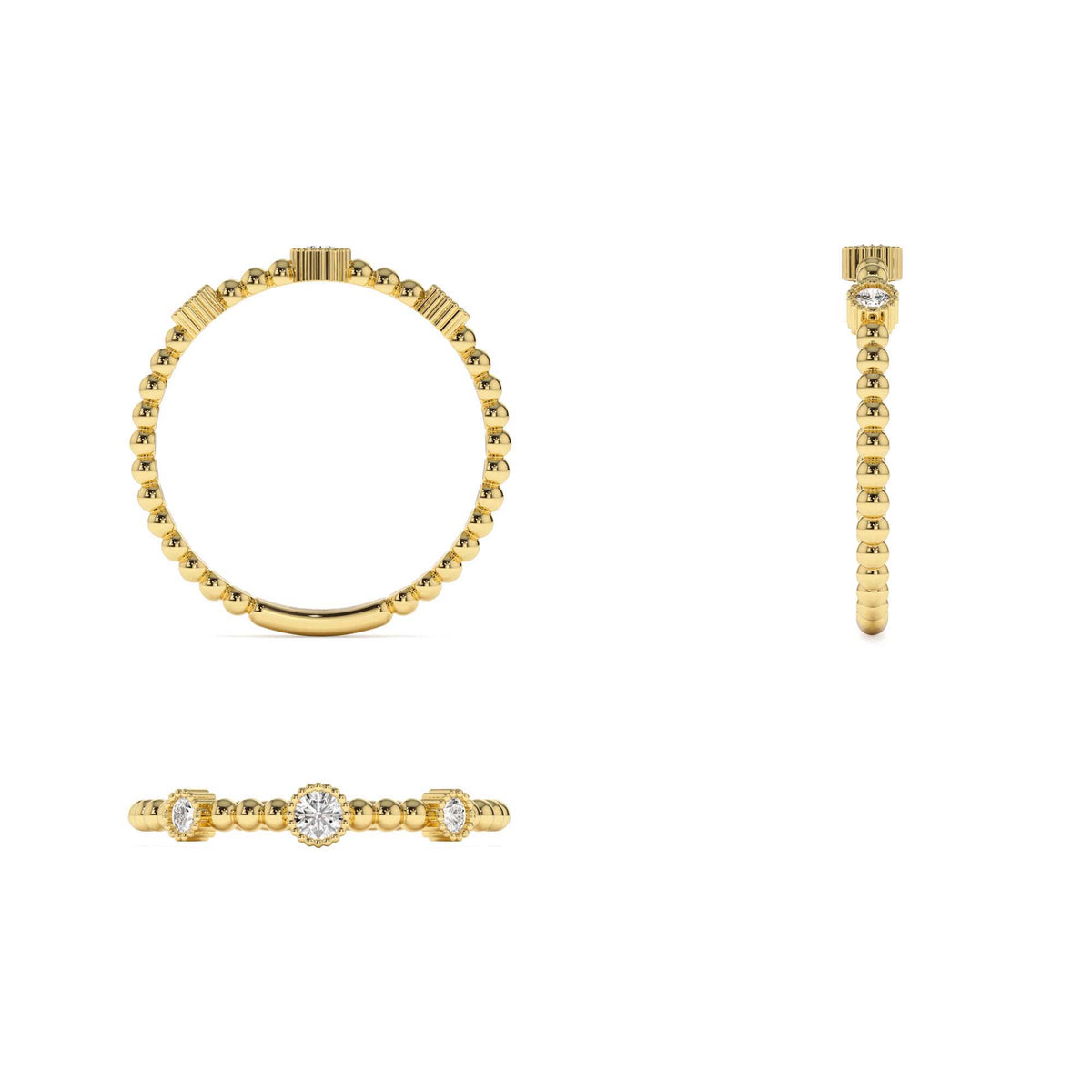 Bead Band Ring with Three Bezel Setting Diamonds in 14K Gold — view 3