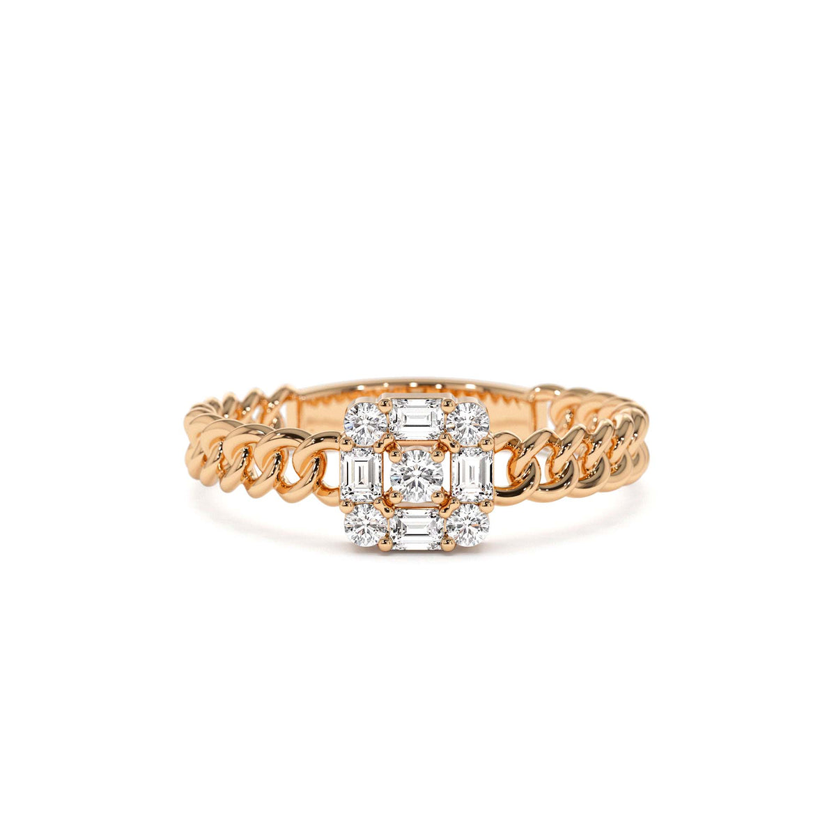 Curb Link Illusion Setting Baguette Diamond Ring in 14K Gold — view 5