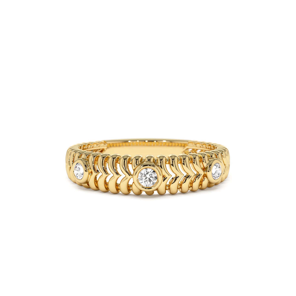 Unique Ribbed Three Stone Diamond Ring in 14K Gold — view 1