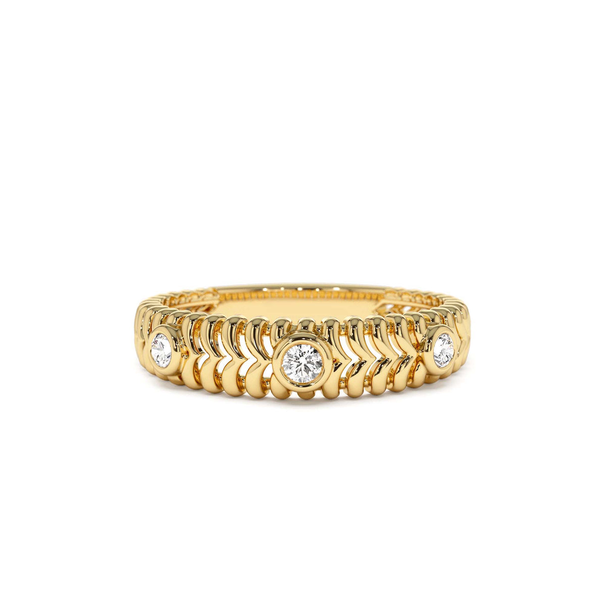 Unique Ribbed Three Stone Diamond Ring in 14K Gold — view 1