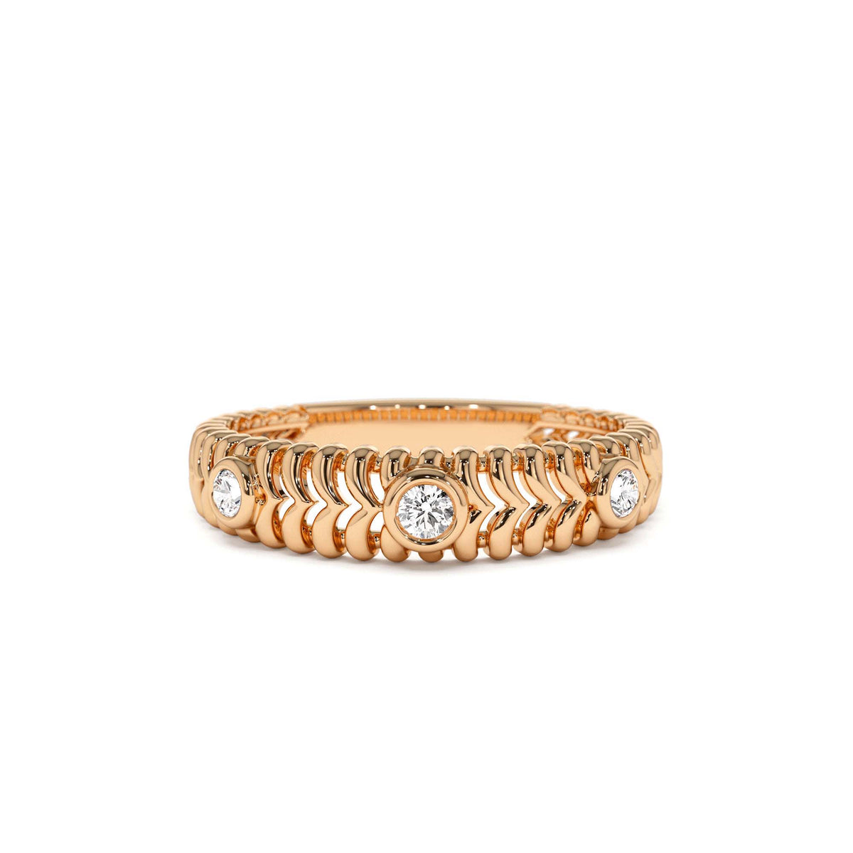 Unique Ribbed Three Stone Diamond Ring in 14K Gold — view 5