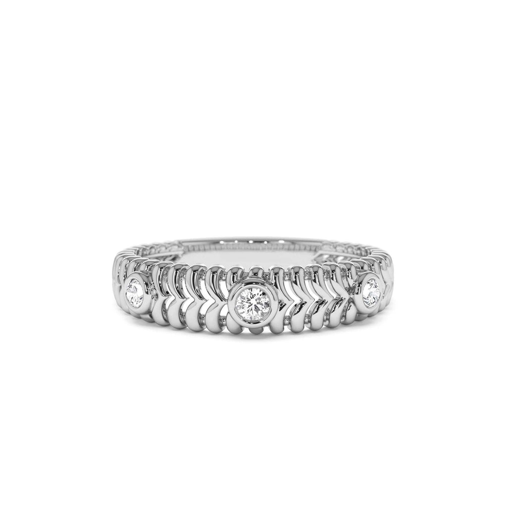Unique Ribbed Three Stone Diamond Ring in 14K Gold — view 4