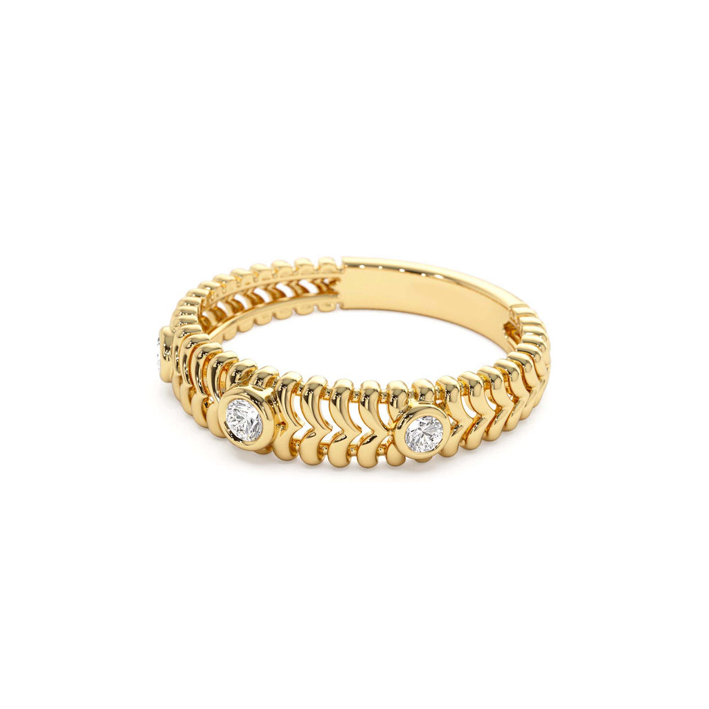 Unique Ribbed Three Stone Diamond Ring in 14K Gold — view 2
