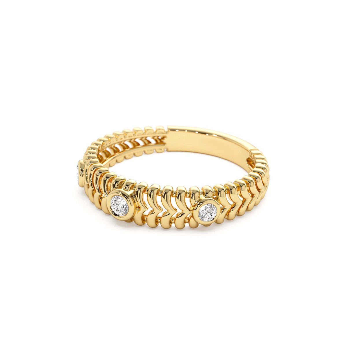 Unique Ribbed Three Stone Diamond Ring in 14K Gold — view 2