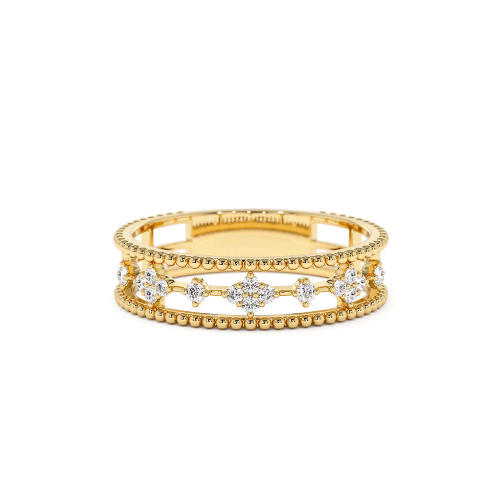 Diamond Statement Ring with Beaded Band in 14K Gold — view 1
