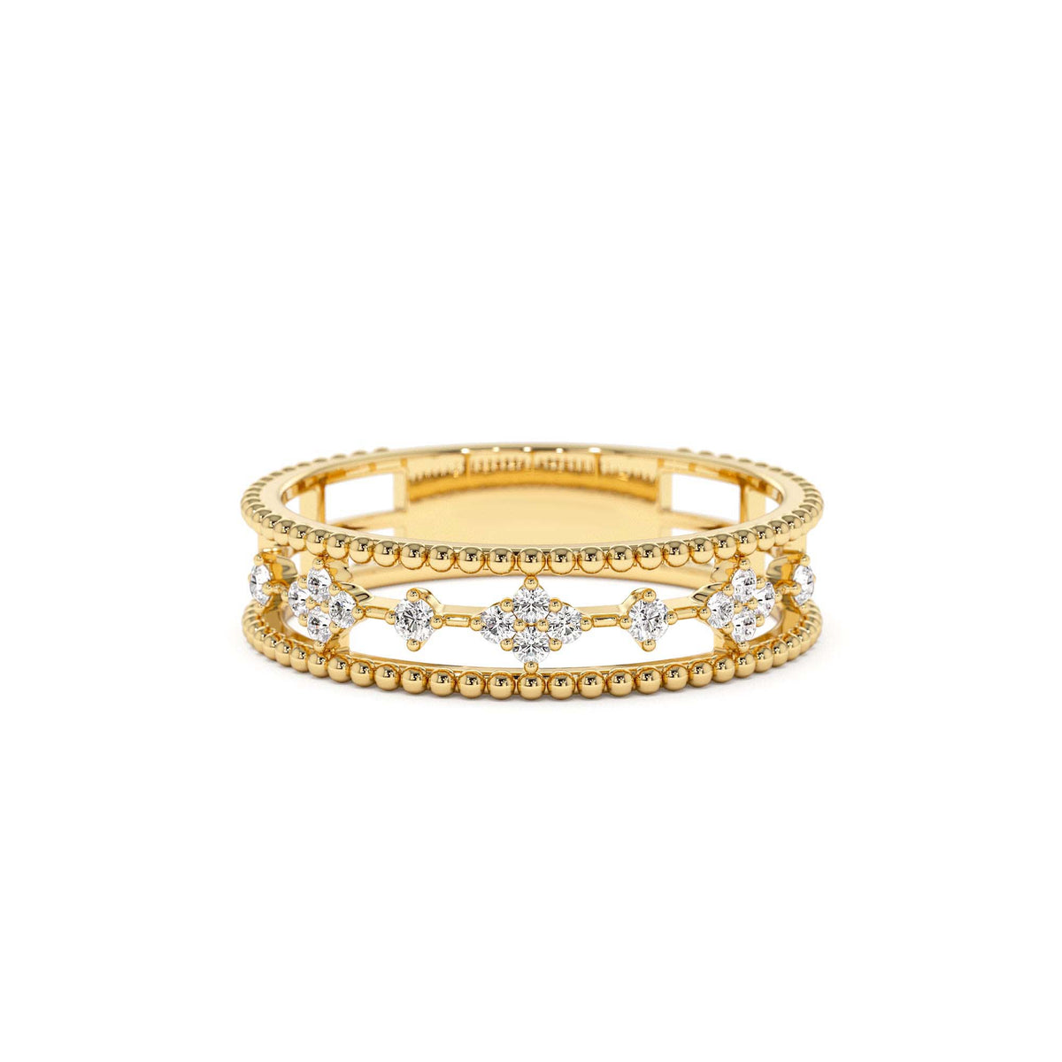 Diamond Statement Ring with Beaded Band in 14K Gold — view 1