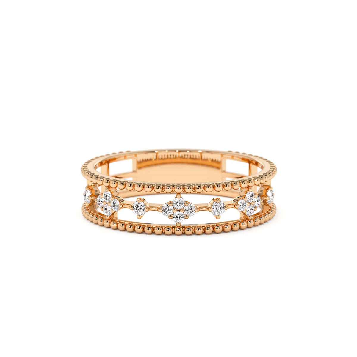 Diamond Statement Ring with Beaded Band in 14K Gold — view 5