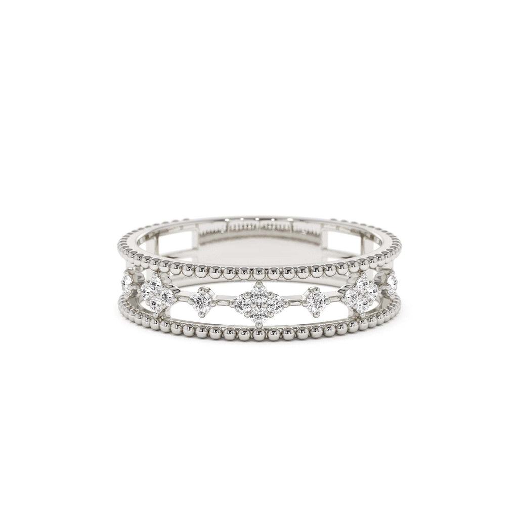 Diamond Statement Ring with Beaded Band in 14K Gold — view 4
