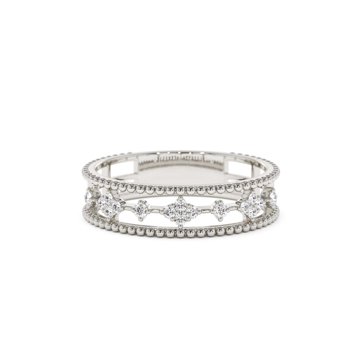 Diamond Statement Ring with Beaded Band in 14K Gold — view 4