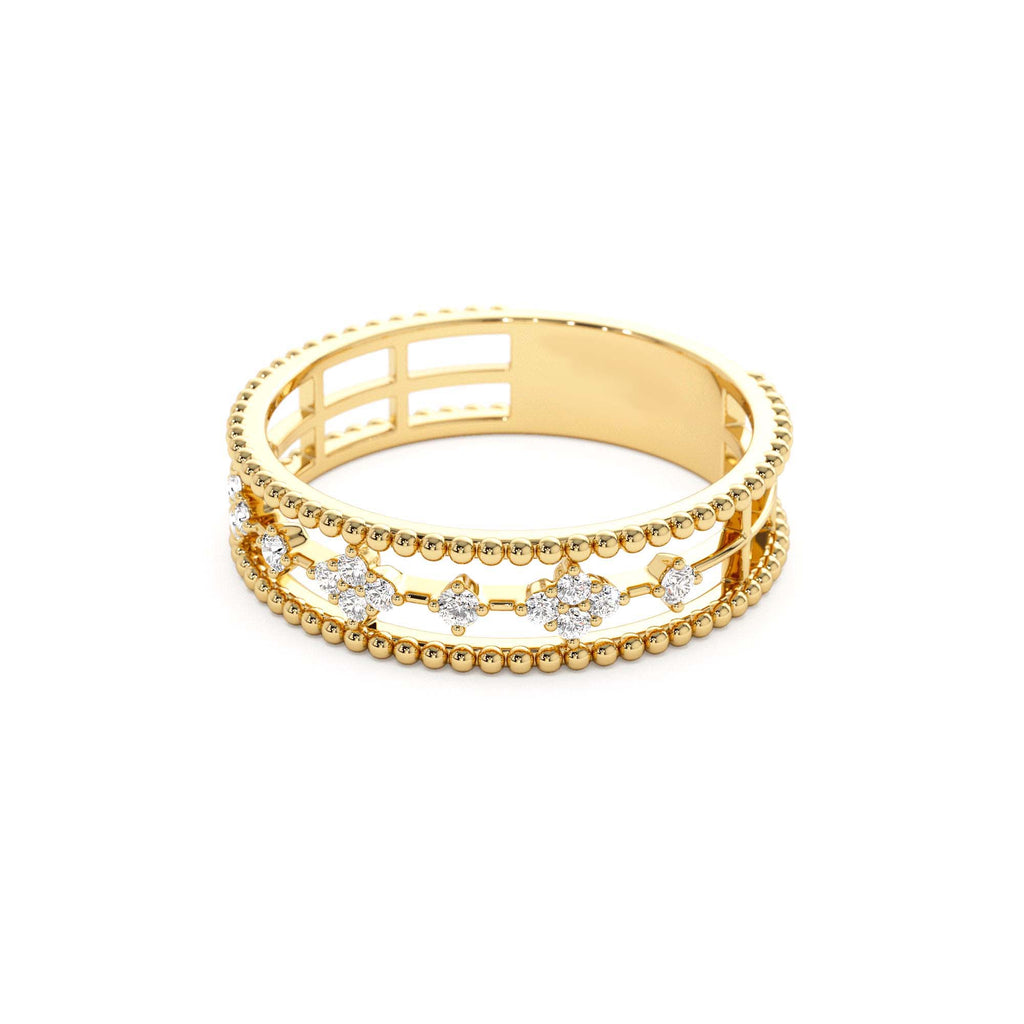 Diamond Statement Ring with Beaded Band in 14K Gold — view 2
