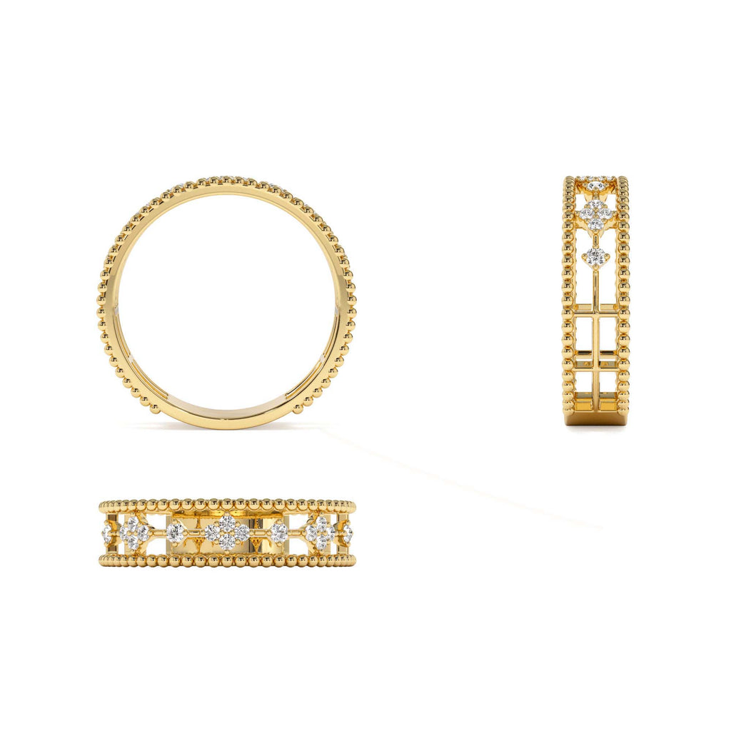 Diamond Statement Ring with Beaded Band in 14K Gold — view 3