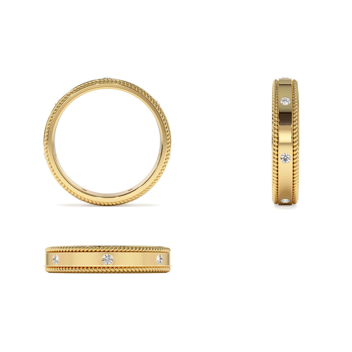 4MM Flat Milgrain Edge Diamond Wedding Band in 14K Gold — view 3