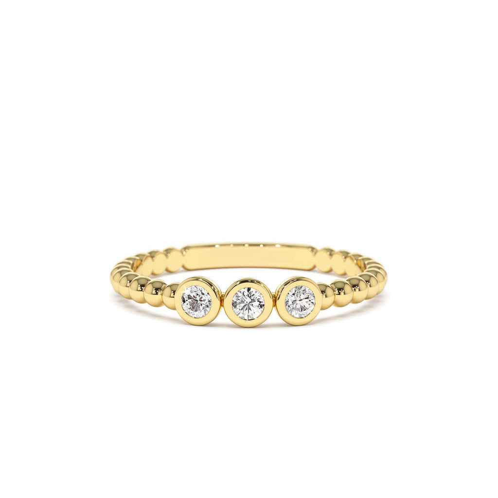 Beaded Three Stone Diamond Ring in 14K Gold — view 1