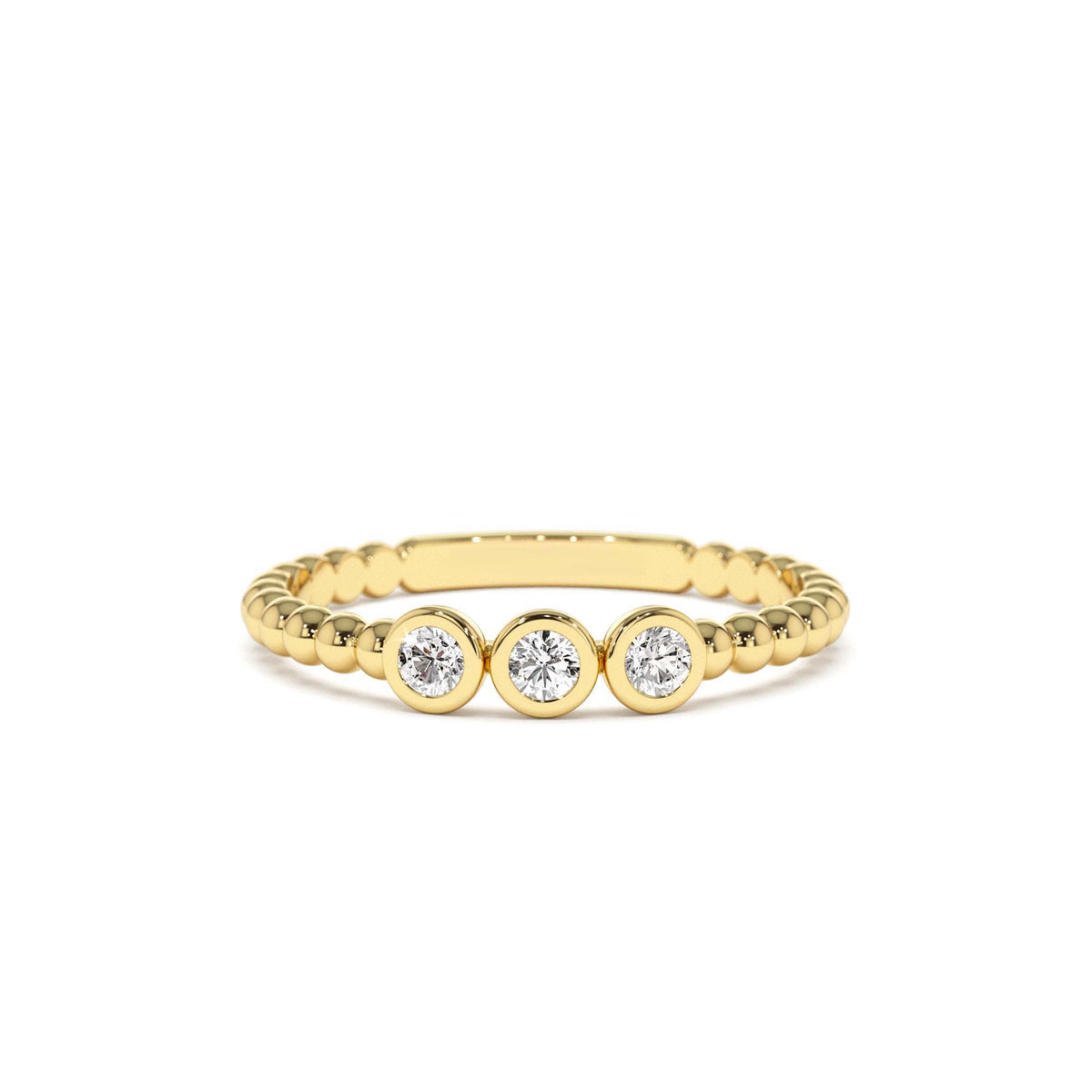 Beaded Three Stone Diamond Ring in 14K Gold — view 1