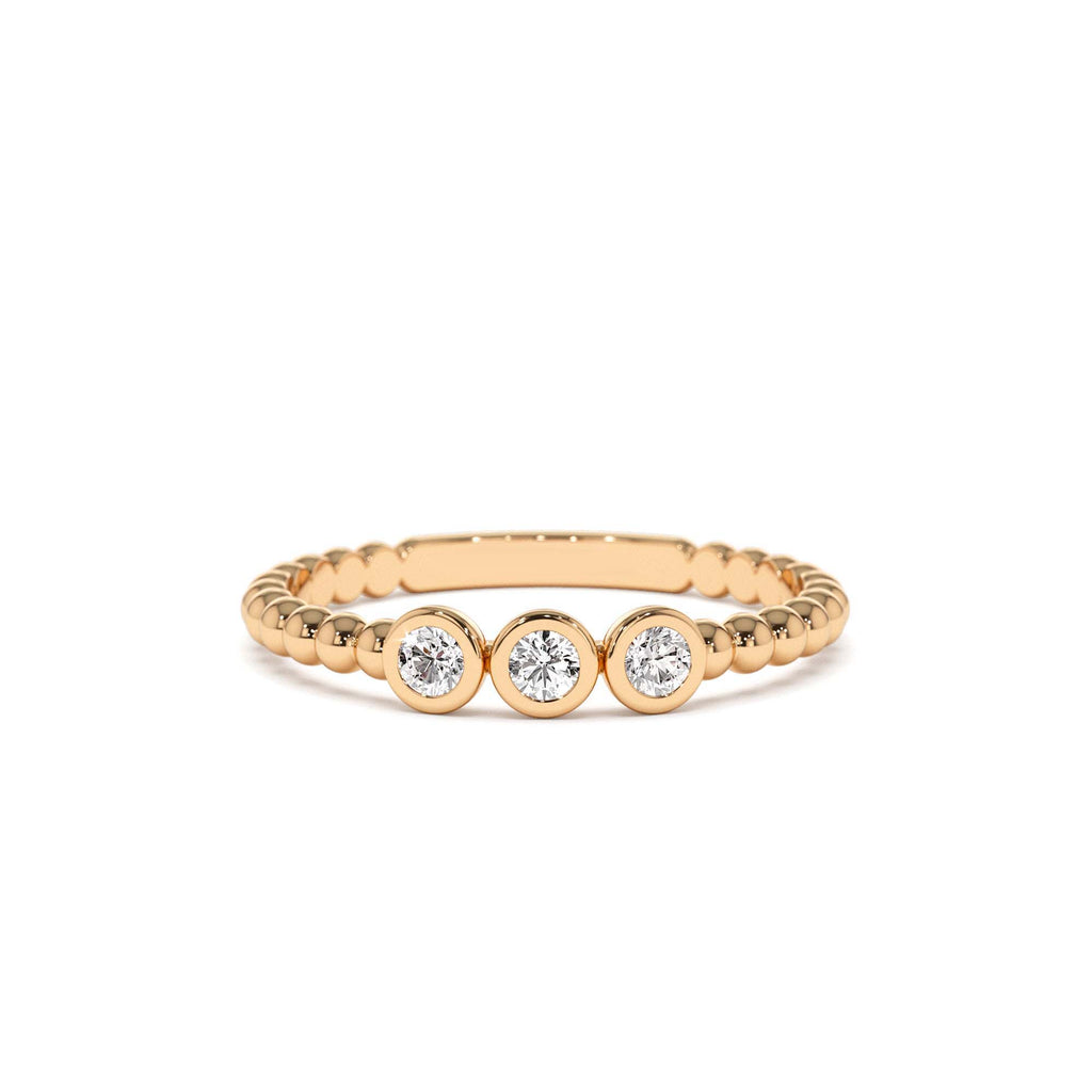 Beaded Three Stone Diamond Ring in 14K Gold — view 5
