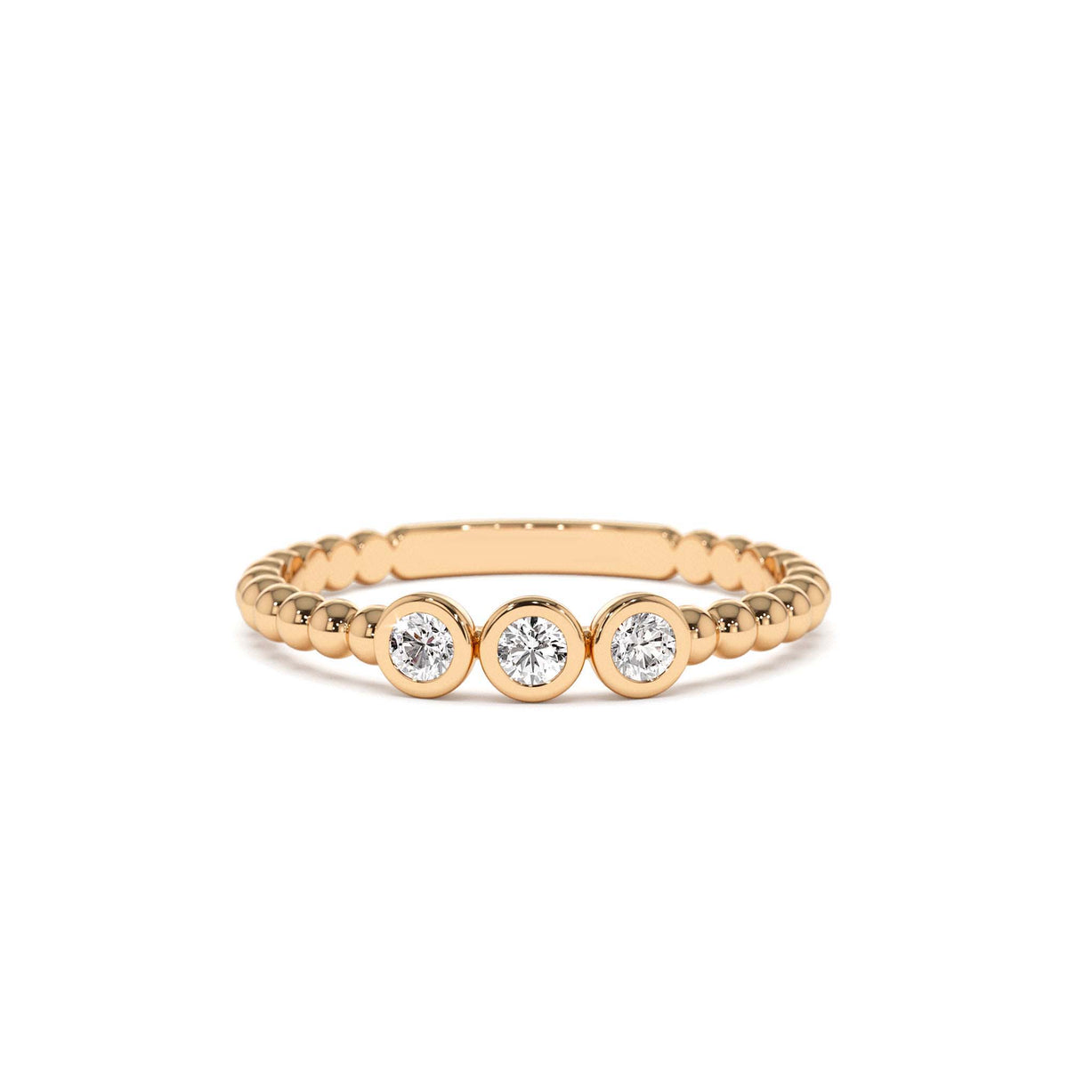 Beaded Three Stone Diamond Ring in 14K Gold — view 5