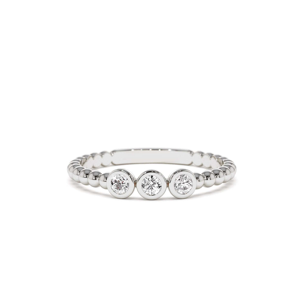 Beaded Three Stone Diamond Ring in 14K Gold — view 4