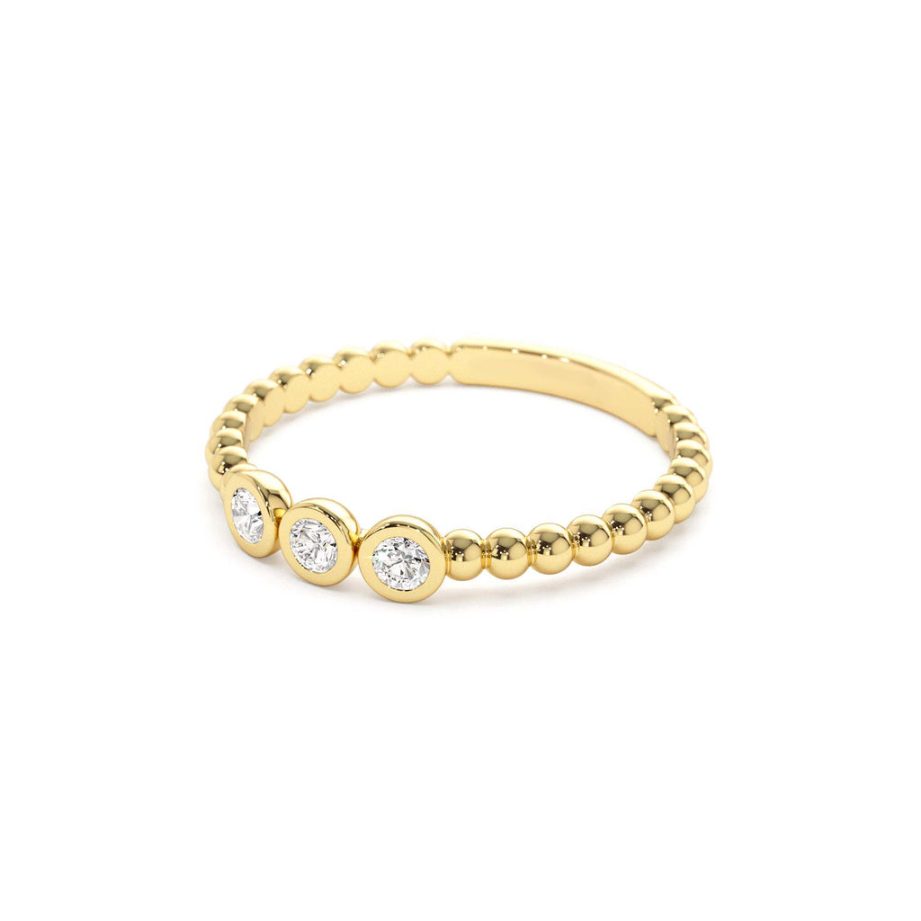 Beaded Three Stone Diamond Ring in 14K Gold — view 2