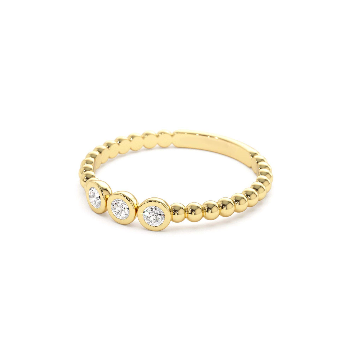 Beaded Three Stone Diamond Ring in 14K Gold — view 2