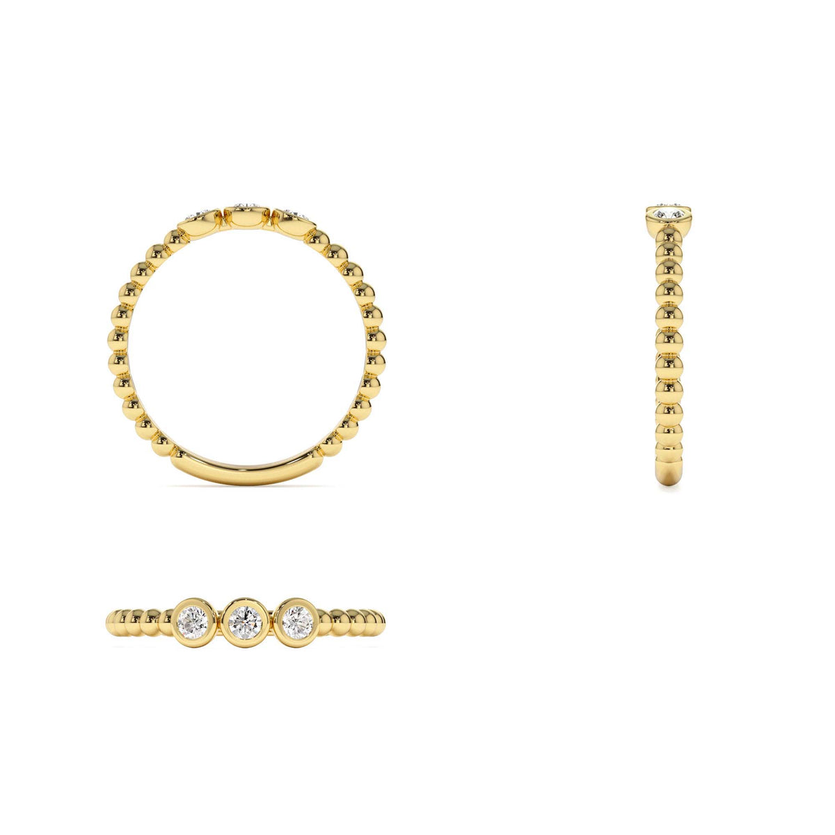 Beaded Three Stone Diamond Ring in 14K Gold — view 3