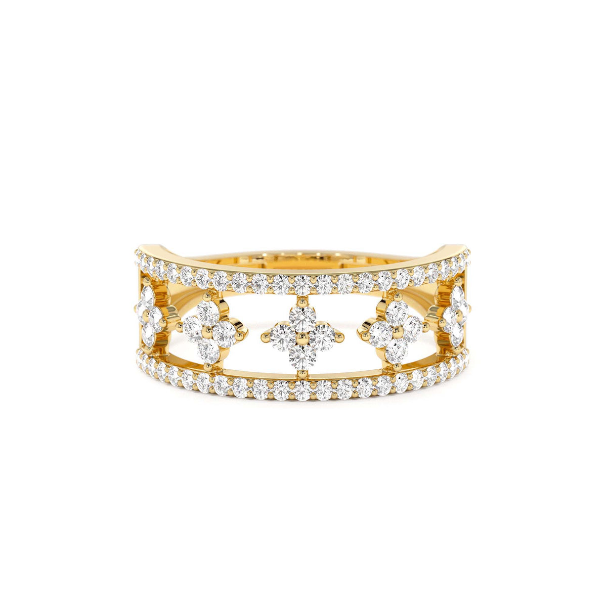 Double Row Pave Diamond Ring w/ Diamond Cluster Accents in 14K Gold — view 1