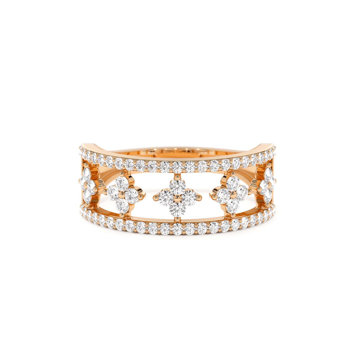 Double Row Pave Diamond Ring w/ Diamond Cluster Accents in 14K Gold — view 5