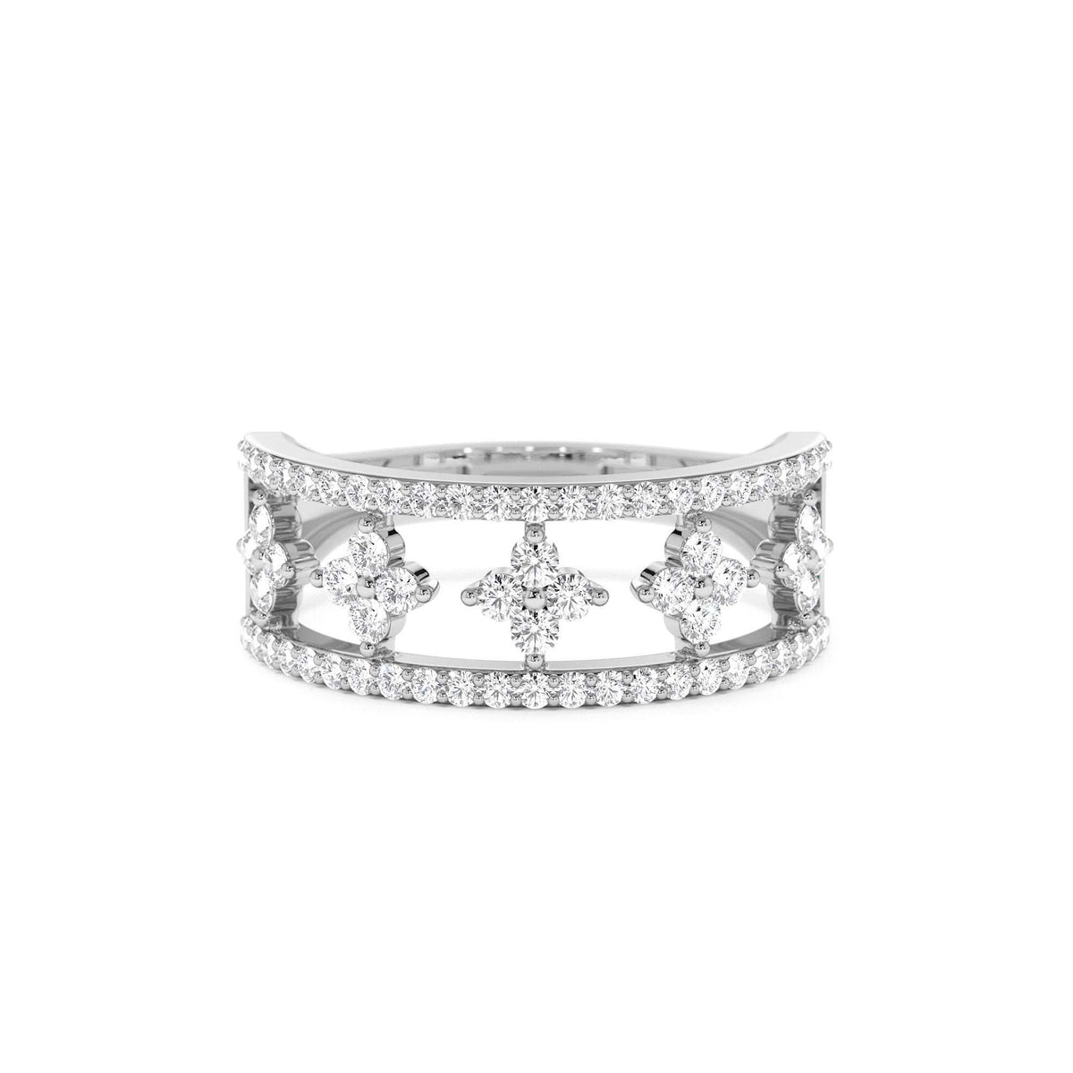 Double Row Pave Diamond Ring w/ Diamond Cluster Accents in 14K Gold — view 4