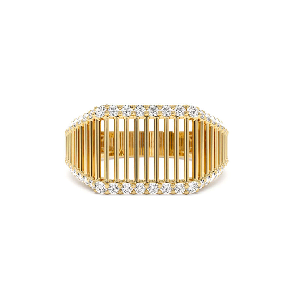 Ribbed Unique Design Diamond Signet Ring in 14K Gold — view 1