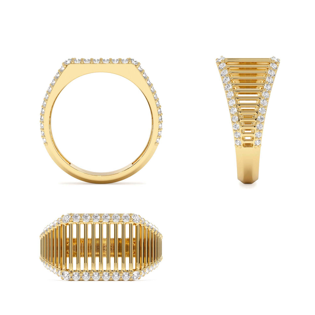 Ribbed Unique Design Diamond Signet Ring in 14K Gold — view 3