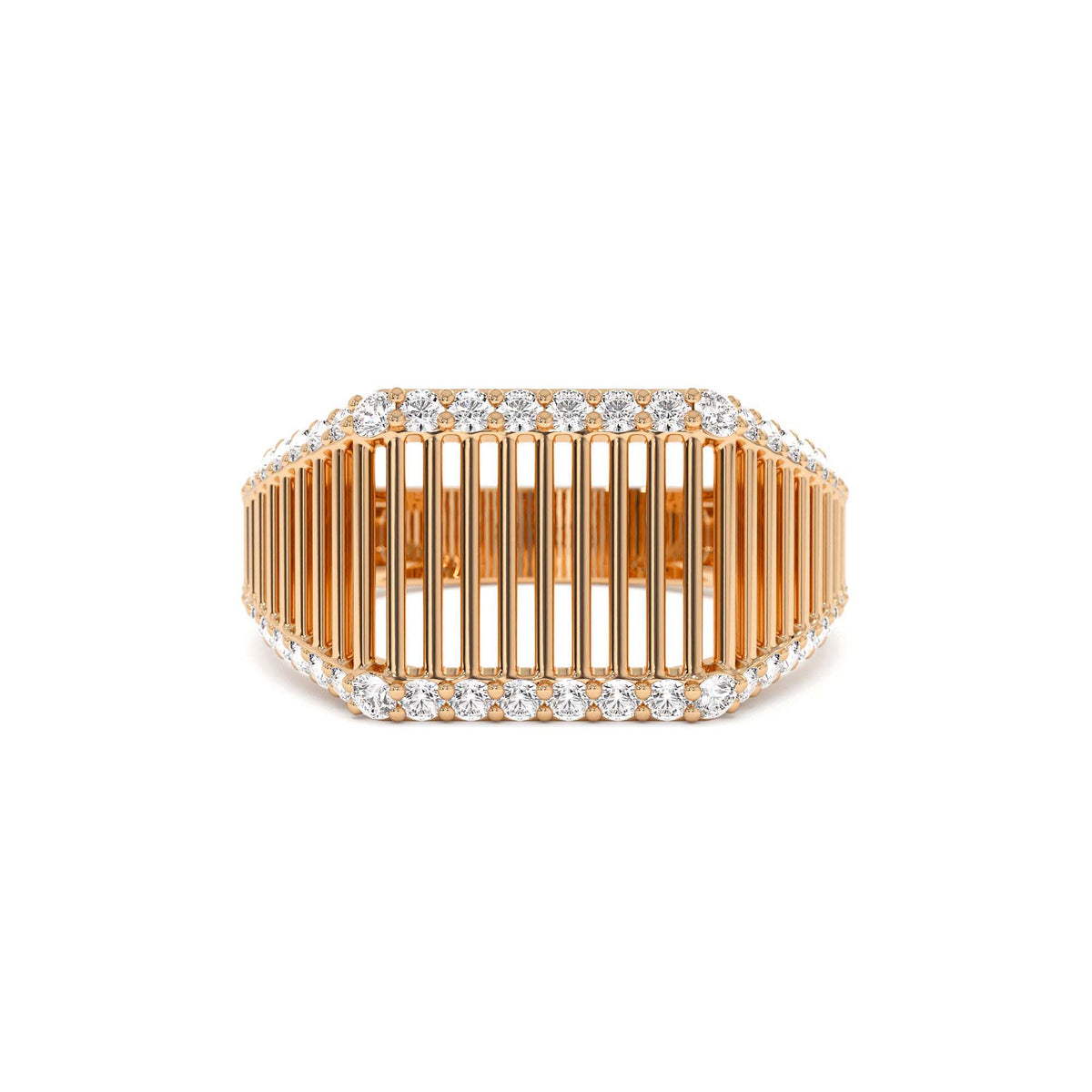 Ribbed Unique Design Diamond Signet Ring in 14K Gold — view 5