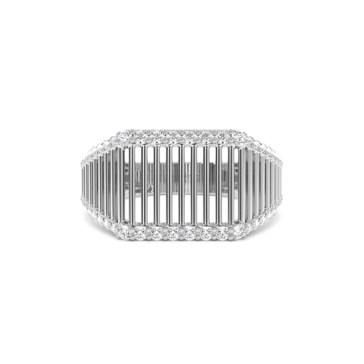 Ribbed Unique Design Diamond Signet Ring in 14K Gold — view 4