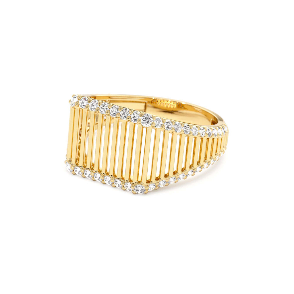 Ribbed Unique Design Diamond Signet Ring in 14K Gold — view 2