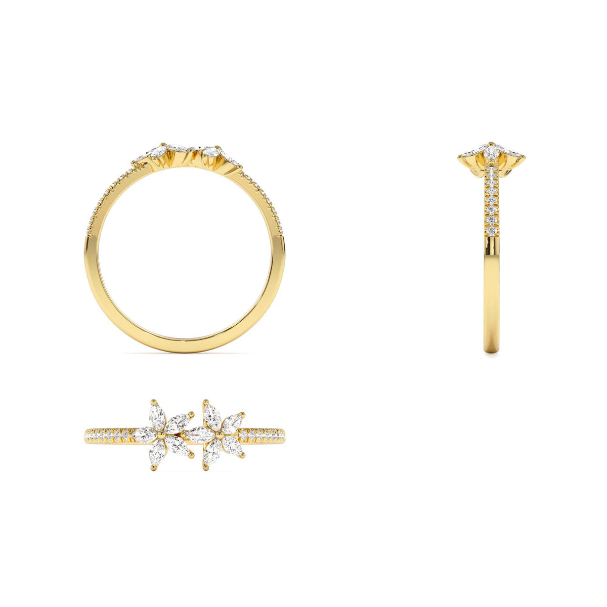 Marquise Shaped Diamond Flower Design Statement Ring in 14K Gold — view 3