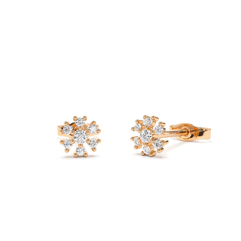 Petite Flower Design Diamond Stud Earrings in 14K Gold — view 4