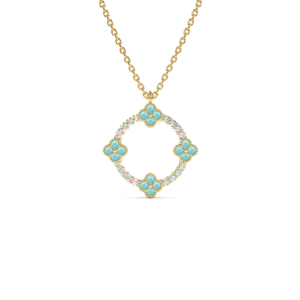 Turquoise and Diamond Clover Pendant Necklace in 14K Gold — view 1