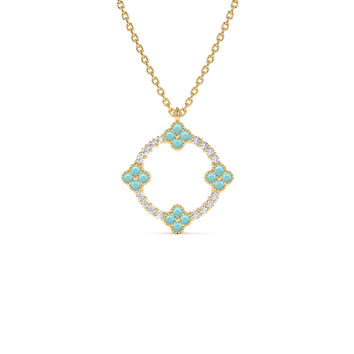 Turquoise and Diamond Clover Pendant Necklace in 14K Gold — view 1