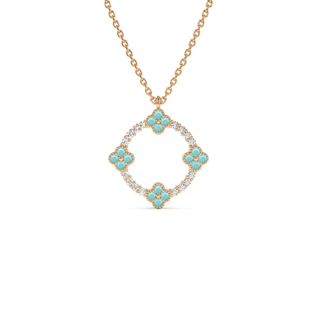 Turquoise and Diamond Clover Pendant Necklace in 14K Gold — view 3