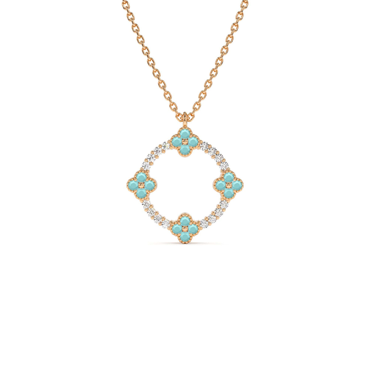 Turquoise and Diamond Clover Pendant Necklace in 14K Gold — view 3