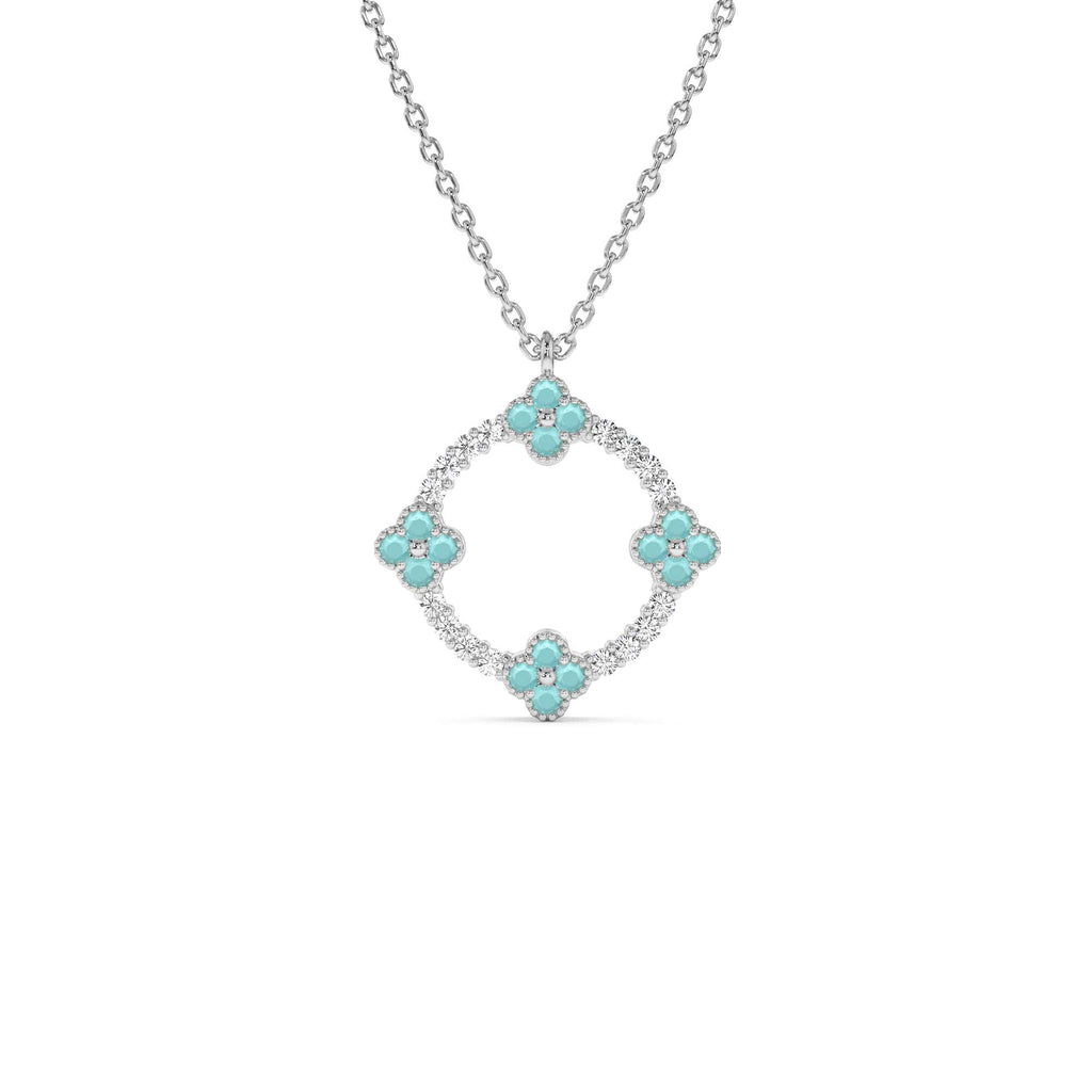 Turquoise and Diamond Clover Pendant Necklace in 14K Gold — view 2
