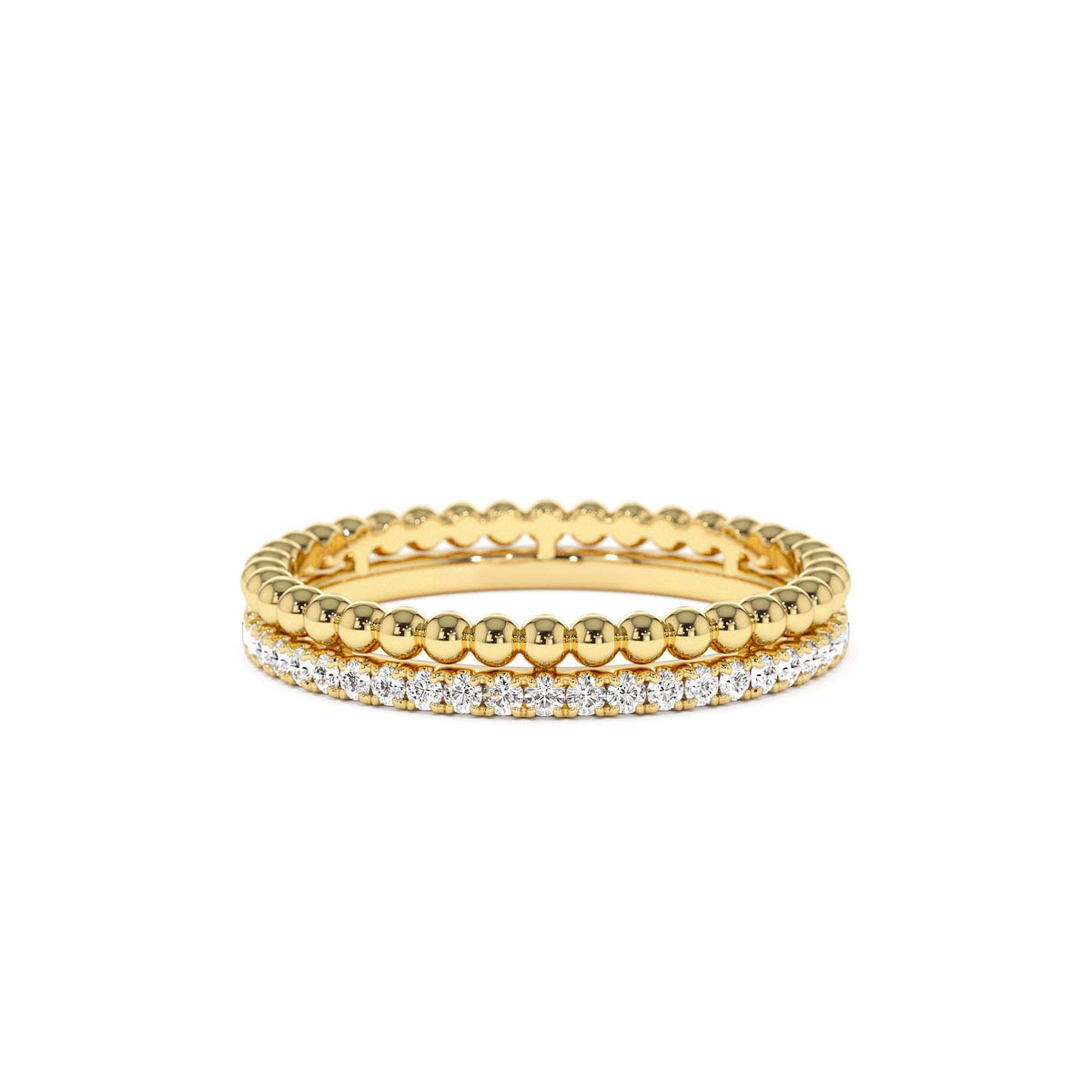 Stacked Beaded Ring with Diamond Ring in 14K Gold — view 1
