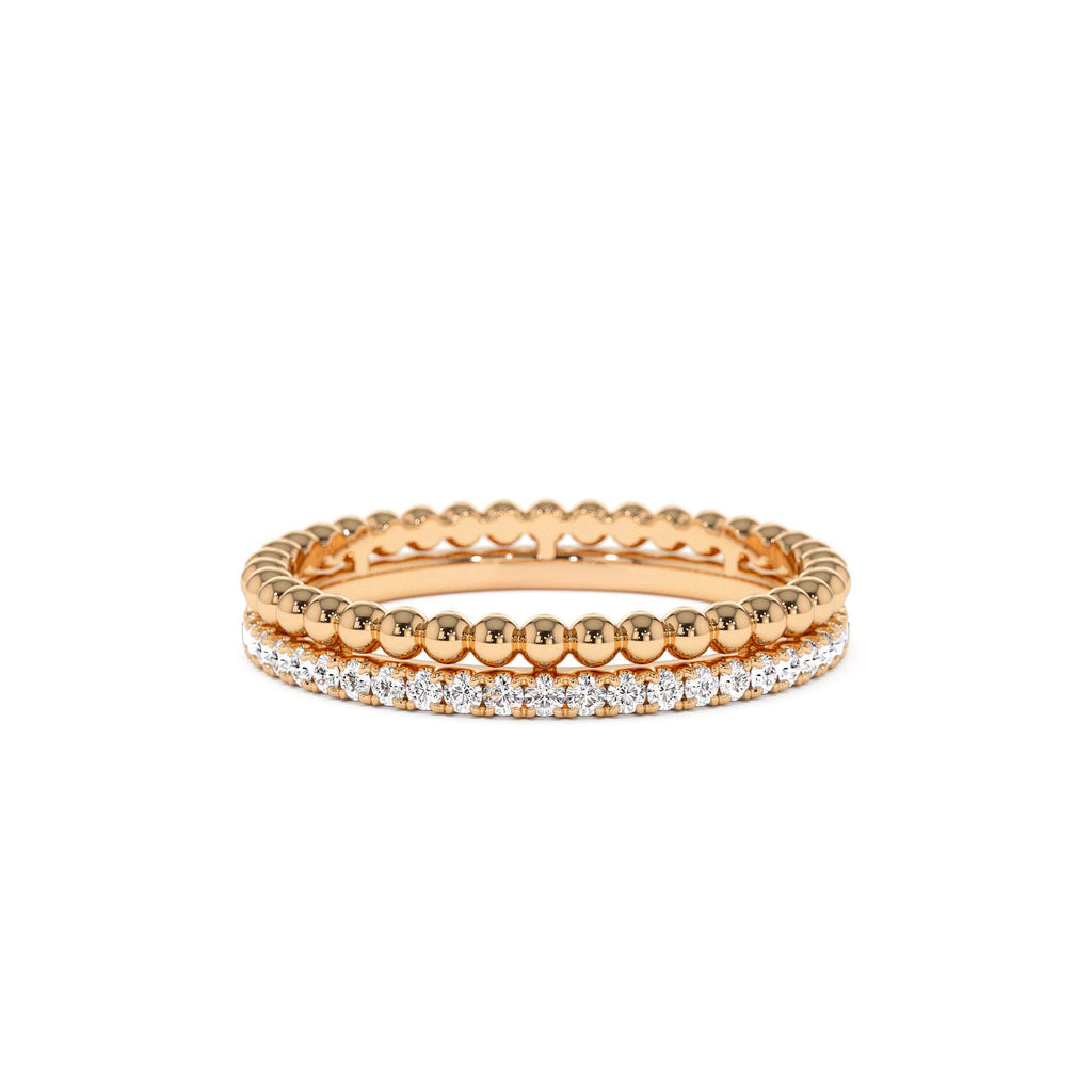 Stacked Beaded Ring with Diamond Ring in 14K Gold — view 5