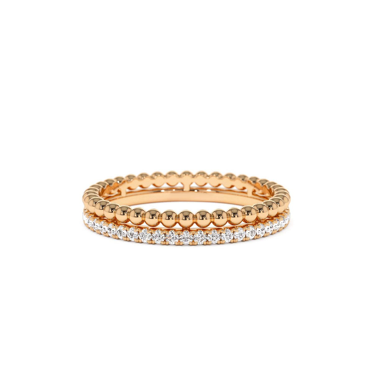 Stacked Beaded Ring with Diamond Ring in 14K Gold — view 5