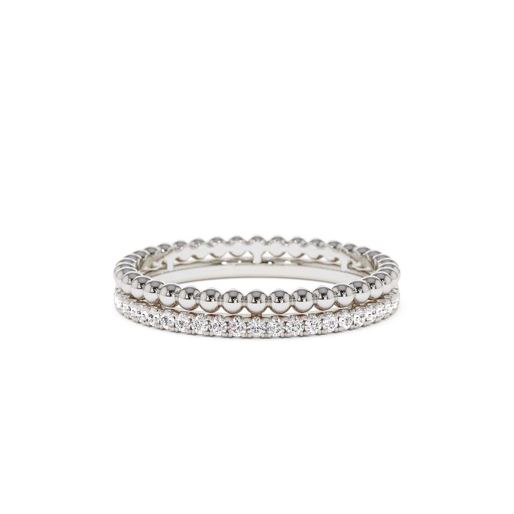 Stacked Beaded Ring with Diamond Ring in 14K Gold — view 4