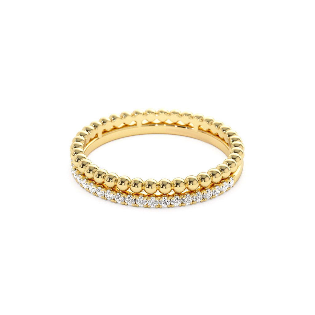Stacked Beaded Ring with Diamond Ring in 14K Gold — view 2