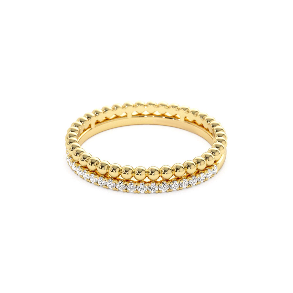 Stacked Beaded Ring with Diamond Ring in 14K Gold — view 2