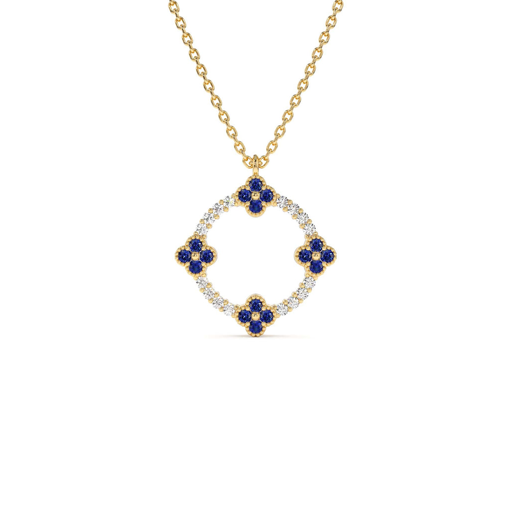 Diamond and Sapphire Clover Necklace in 14K Gold — view 1