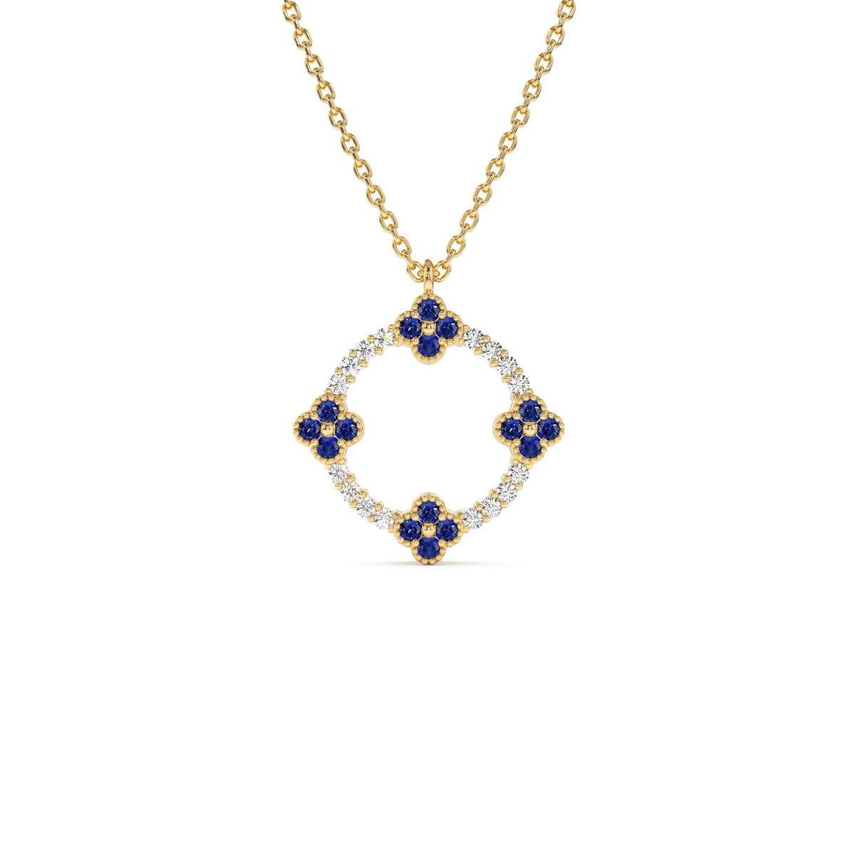 Diamond and Sapphire Clover Necklace in 14K Gold — view 1