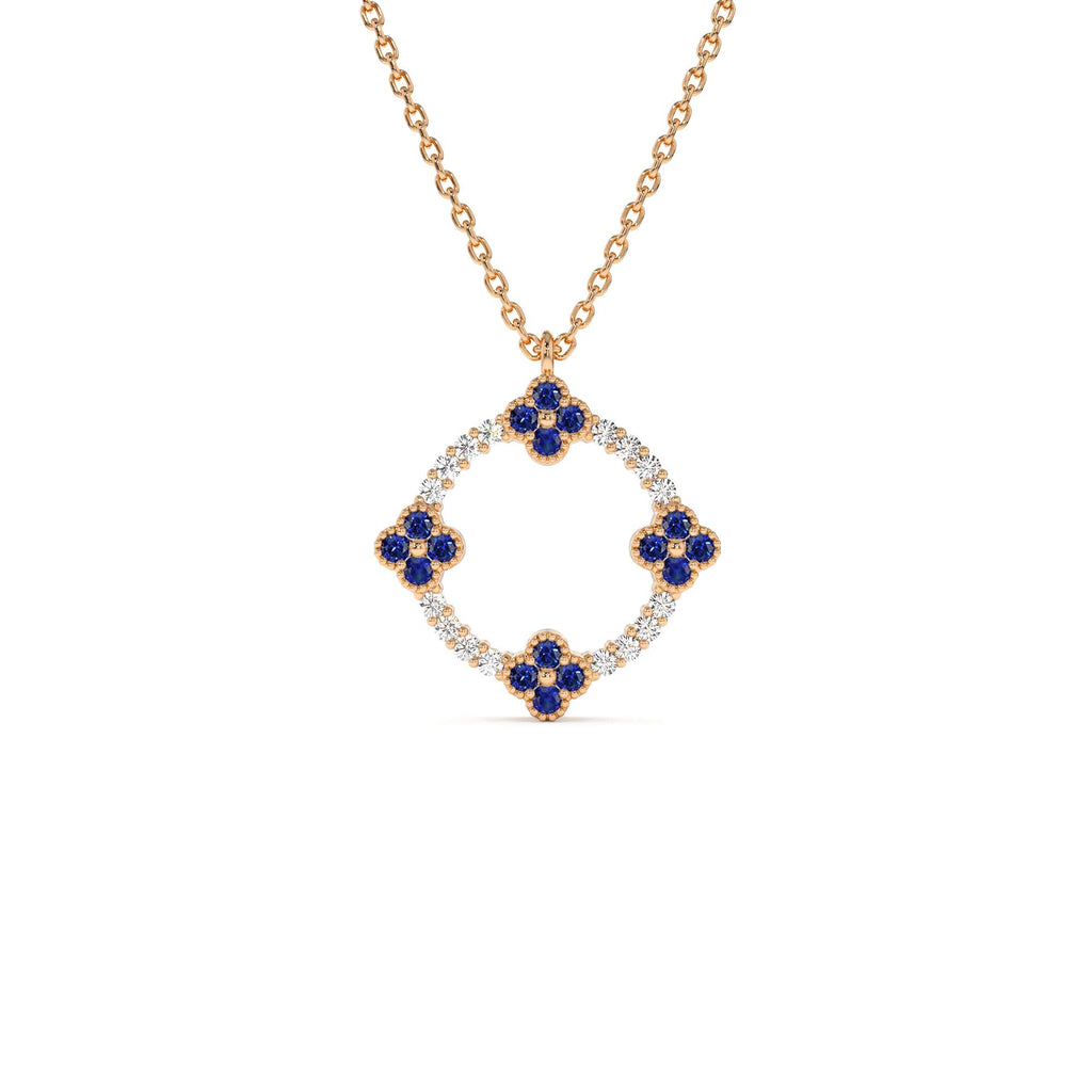 Diamond and Sapphire Clover Necklace in 14K Gold — view 3
