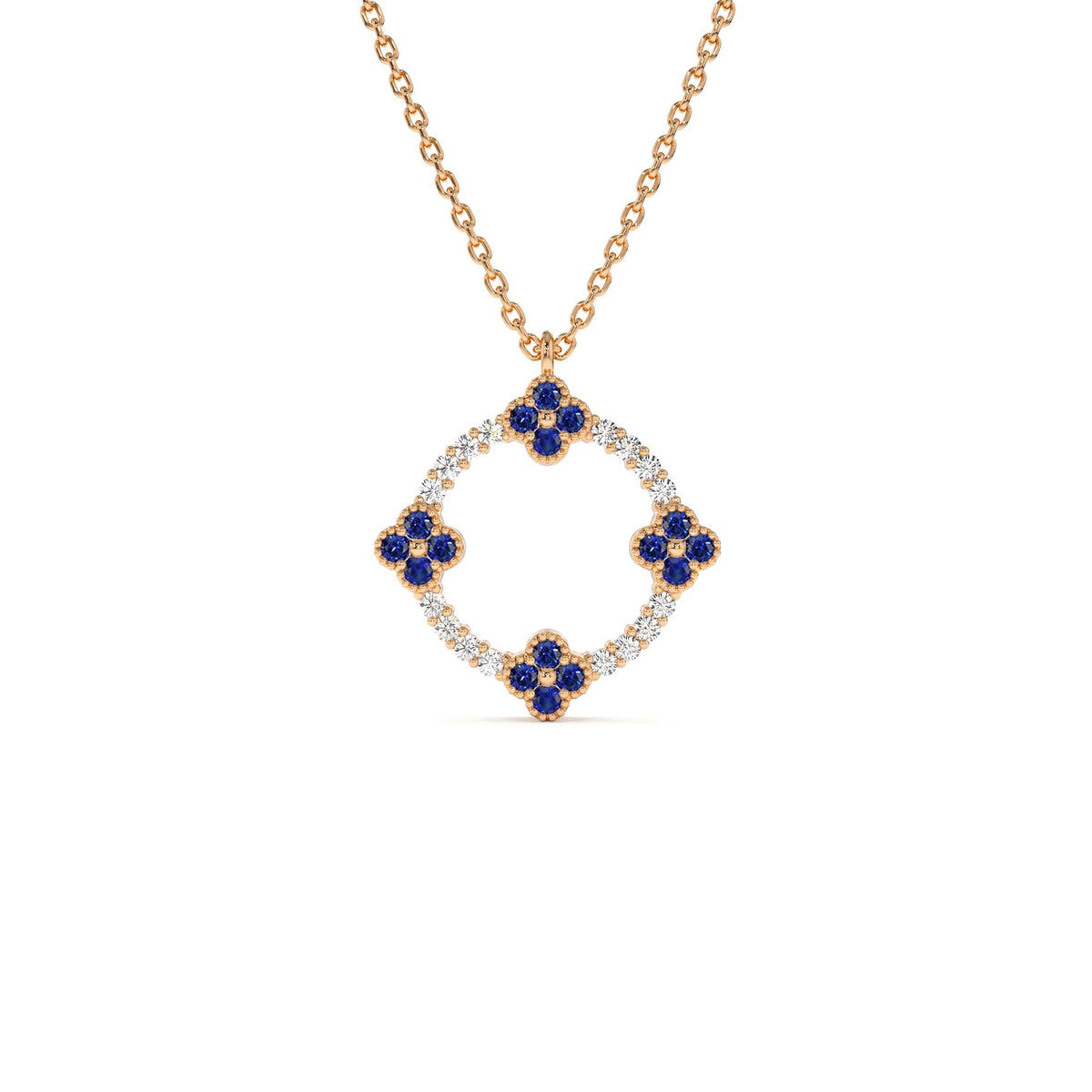 Diamond and Sapphire Clover Necklace in 14K Gold — view 3