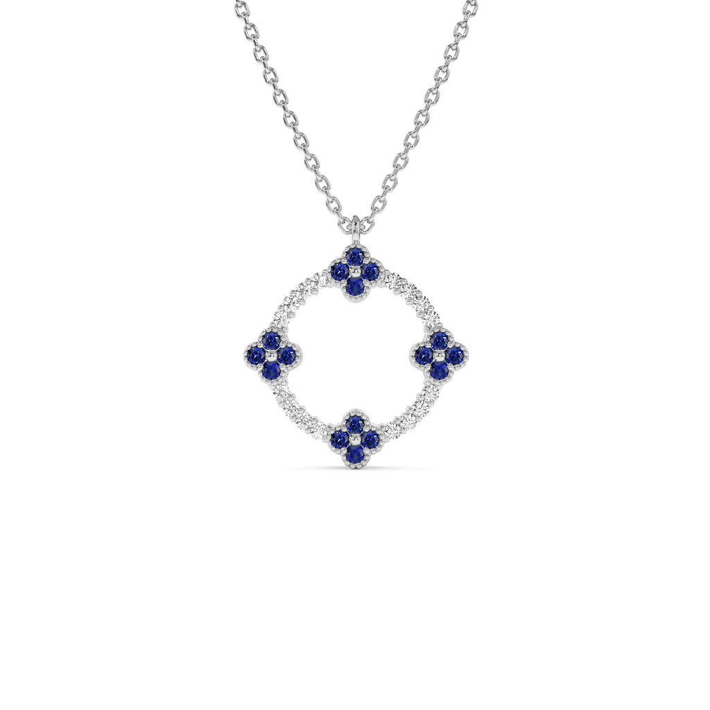 Diamond and Sapphire Clover Necklace in 14K Gold — view 2